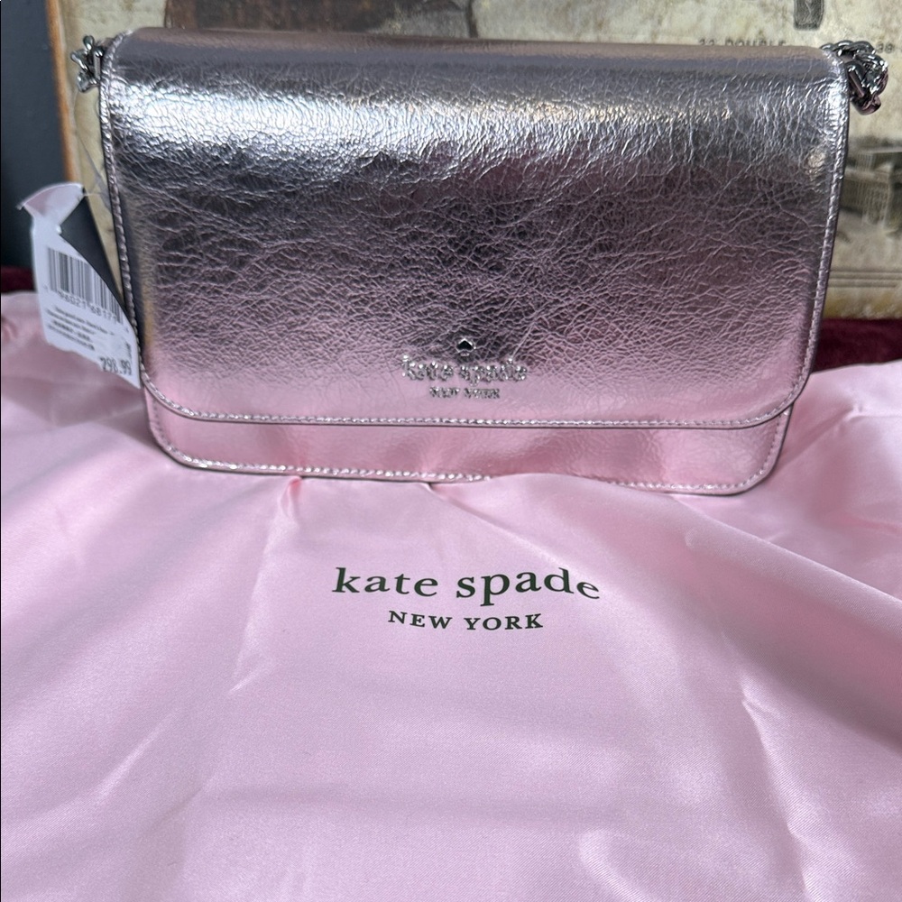 NWT Kate Spade Pink Metallic Crinkle‎ Mini Flap Crossbody Silver Chain Clutch